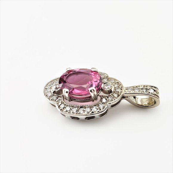 Vintage 14 Karat White Gold Red Tourmaline and Diamond Pendant #8454 - Picture 2 of 9
